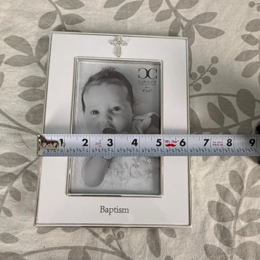 Baptism Baby Picture Frame White enamel and silver cross 4X6 Unused